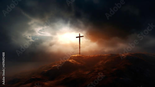holy cross symbolizing the death and resurrection of Jesus Christ with The sky over Golgotha Hill is shrouded in light and clouds. Generative AI © Aghavni