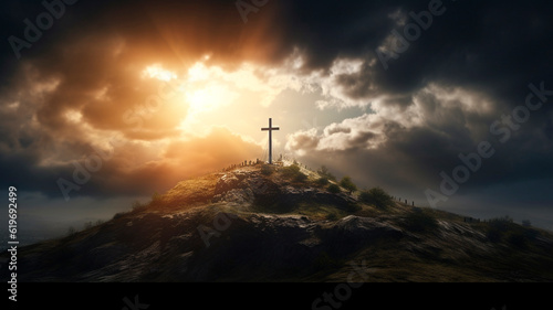 holy cross symbolizing the death and resurrection of Jesus Christ with The sky over Golgotha Hill is shrouded in light and clouds. Generative AI