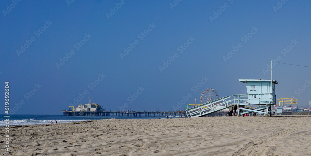 Santa Monica pier with a life guard house in front