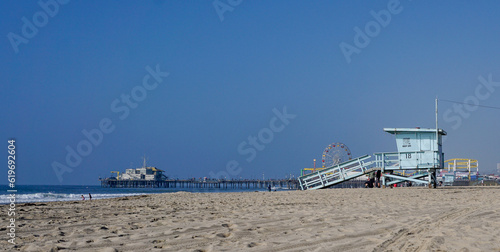 Santa Monica pier with a life guard house in front