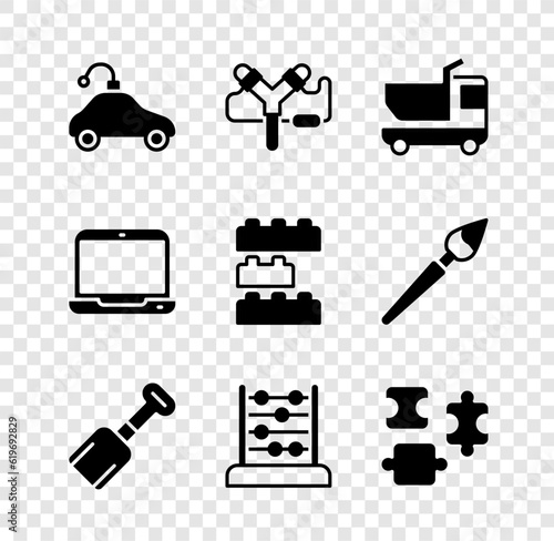 Set Radio controlled car toy, Slingshot, Toy truck, Shovel, Abacus, Puzzle pieces, Laptop and building block bricks icon. Vector