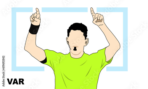 the football referee wearing a bright green shirt is lifting both forefingers up and pointing to the VAR area. Video Assistant Referees

