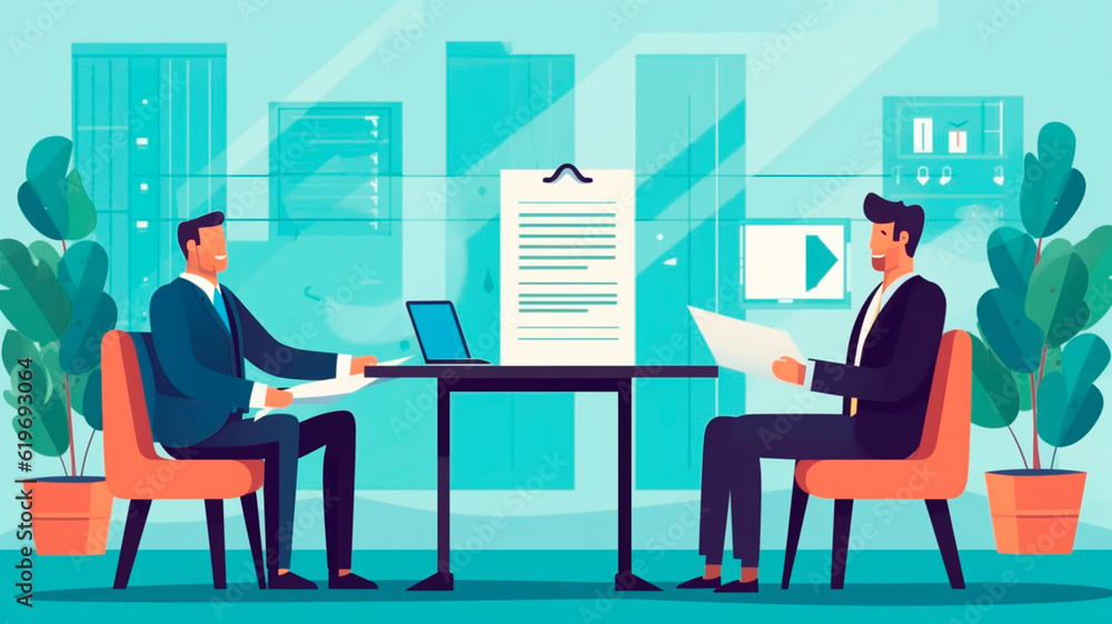 Human resource manager checking cv information in resume while candidate waiting interview for a vacant position. Generative AI Human resource manager checking cv information in resume while candidate waiting interview for a vacant position. Generative AI