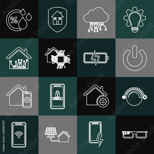 Set line Smart glasses, Thermostat, Power button, Internet of things, home, Humidity and Battery icon. Vector