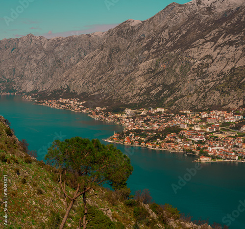 View of the ancient and modern city of Kotor from the mountain hiking trail