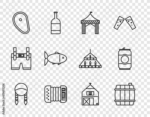 Set line Braid, Wooden barrel, Camping tent, Accordion, Steak meat, Fish, Farm House and Beer can icon. Vector