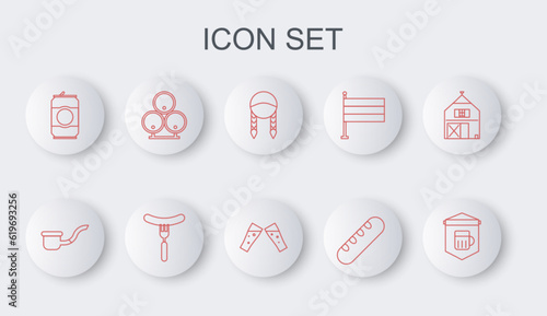 Set line Signboard with glass of beer, Smoking pipe, Braid, French baguette bread, Beer can, Wooden barrels, Sausage on the fork and Glass icon. Vector