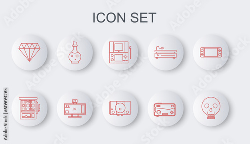 Set line Skull, Slot machine, Portable video game console, Mobile and playing, Diamond, Bottle with magic elixir, Live streaming online and Video icon. Vector