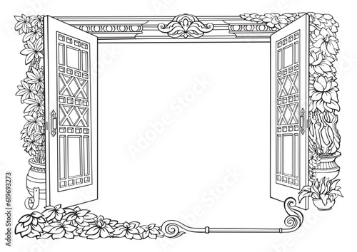 Botanical border with an open door and tropical plants.Vector.