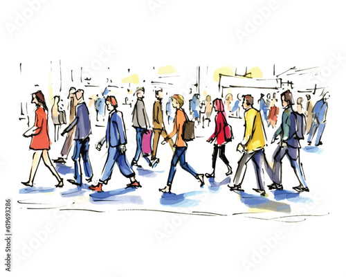 vector illustration: crowd of people walking along city street. Sketch made with marker and watercolor