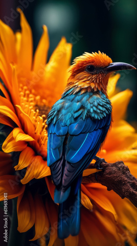 blue and yellow macaw  sunflower with bird  generative ai