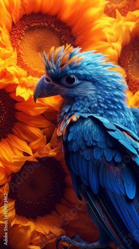 blue and yellow macaw, sunflower with bird, generative ai