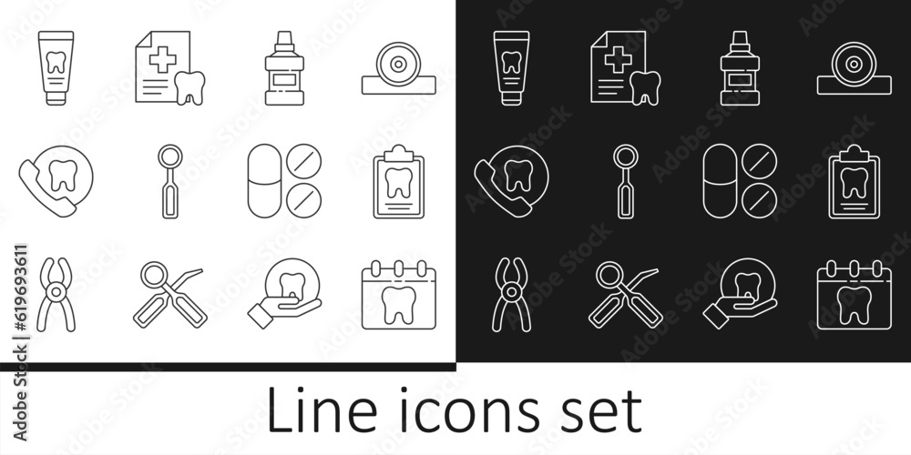 Set line Calendar with tooth, Dental card, Mouthwash bottle, inspection mirror, Online dental care, Tube of toothpaste, Painkiller tablet and icon. Vector