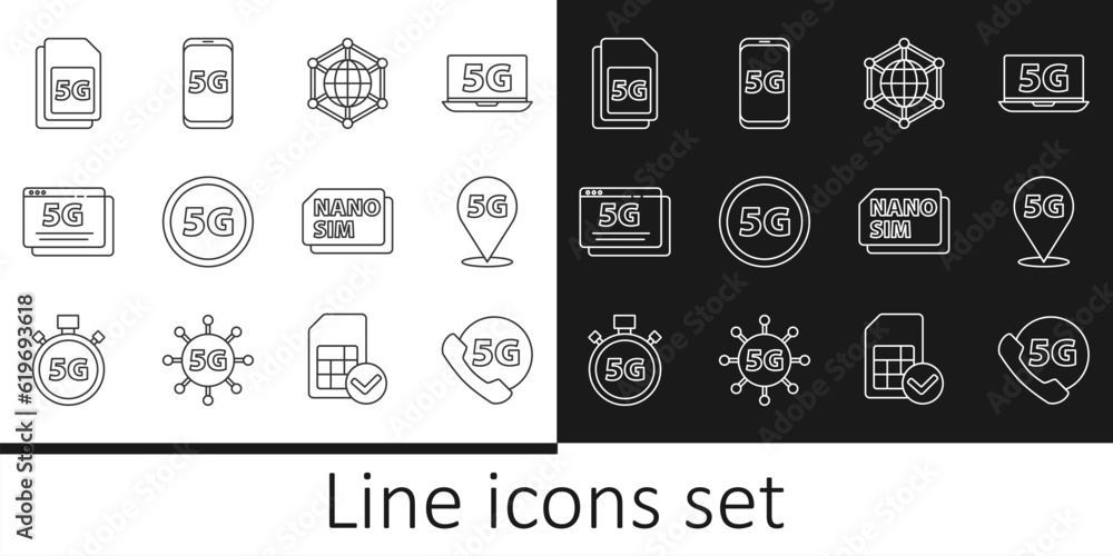 Set line Phone with 5G network, Location, Social, Sim Card, Nano and Mobile icon. Vector
