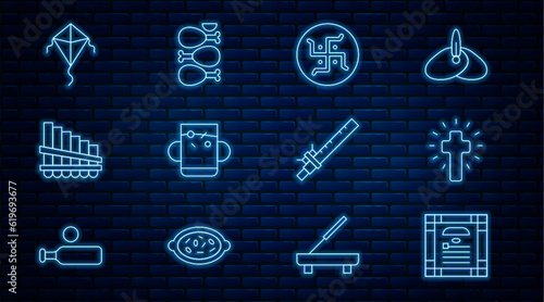 Set line India constitution day, Christian cross, Hindu swastika, Cup of tea and leaf, Pan flute, Kite, Bamboo indian and Tandoori chicken icon. Vector