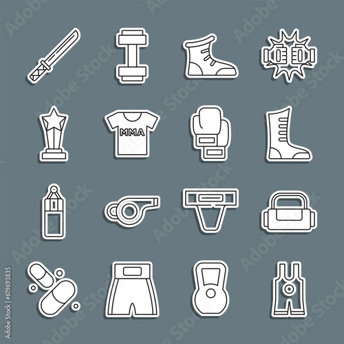 Set line Wrestling singlet, Sport bag, boxing shoes, T-shirt with fight club MMA, Award cup, Japanese katana and Boxing glove icon. Vector