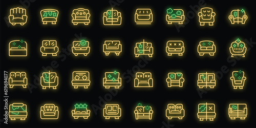 Furniture upholstery icons set outline vector. Cushion bed. Sofa comfort neon color on black