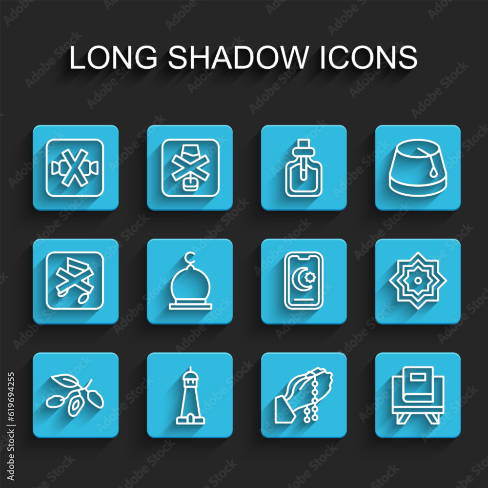 Set line Date fruit, Mosque tower or minaret, No sweets, Hands praying position, Holy book of Koran, Muslim, Octagonal star and Star crescent icon. Vector Set line Date fruit, Mosque tower or minaret, No sweets, Hands praying position, Holy book of Koran, Muslim, Octagonal star and Star crescent icon. Vector