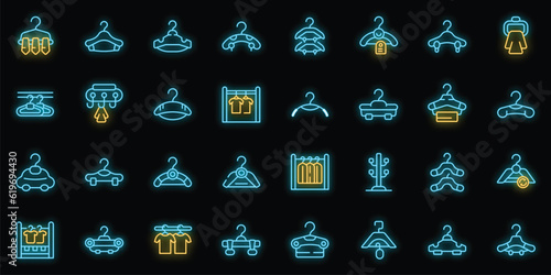 Clothes hangers icons set outline vector. Hook hunger. Fashion offer neon color on black