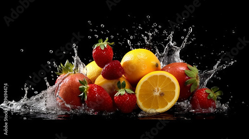 fruit in water splash, fresh fruit plate, generative ai