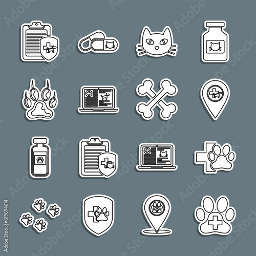 Set line Veterinary clinic, Location veterinary, Cat, Clinical record dog laptop, Paw print, pet and Crossed bones icon. Vector