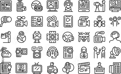 News production team icons set outline vector. Studio tv. Camera crew