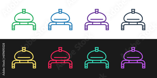 Set line Bread and salt on towel icon isolated on black and white background. National food loaf. Traditional ukrainian wedding bread. Vector