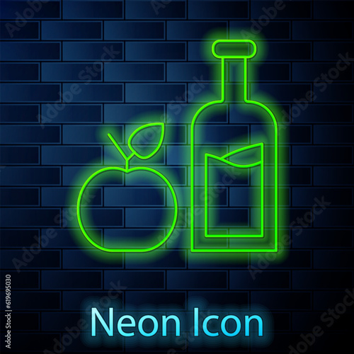 Glowing neon line Apple cider bottle icon isolated on brick wall background. Beverage glass bottle. Vector