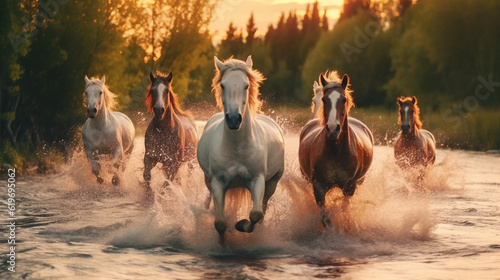 horse on the beach, galloping horses jumping over river, generative ai