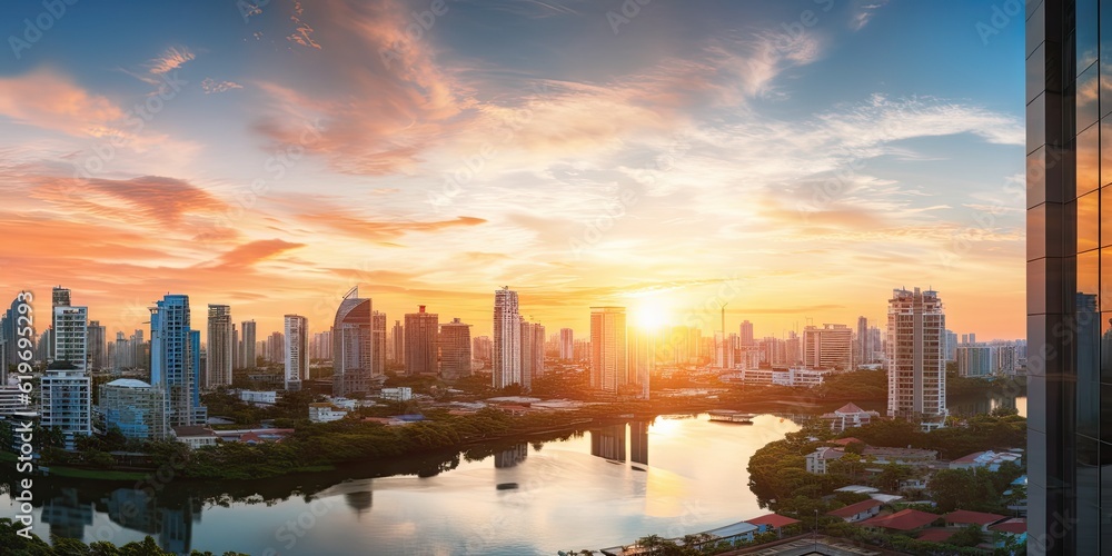 Obraz premium Majestic towering cityscape. This skyline with towering buildings stand tall business and financial beauty of landscape