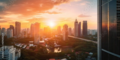 Majestic towering cityscape. This skyline with towering buildings stand tall business and financial beauty of landscape