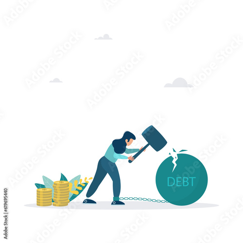 Girl is trying to destroy the iron ball with a debt word, which binds his legs with a hammer, symbolizing the struggle for liberation from the crisis. Vector illustration.