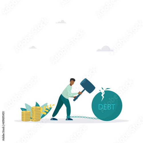 Guy is trying to destroy the iron ball with a debt word, which binds his legs with a hammer, symbolizing the struggle for liberation from the crisis. Vector illustration.