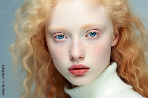Caucasian albino girl posing in studio. Portrait of a beautiful young woman. Body positivity, diversity and fashion concept