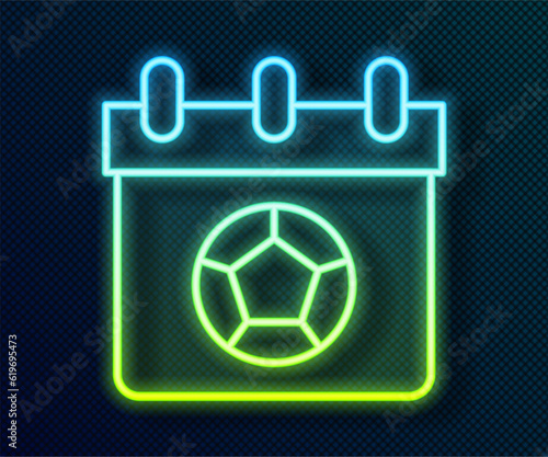 Glowing neon line Football or soccer calendar icon isolated on black background. Match of the day. Date football or soccer match. Vector