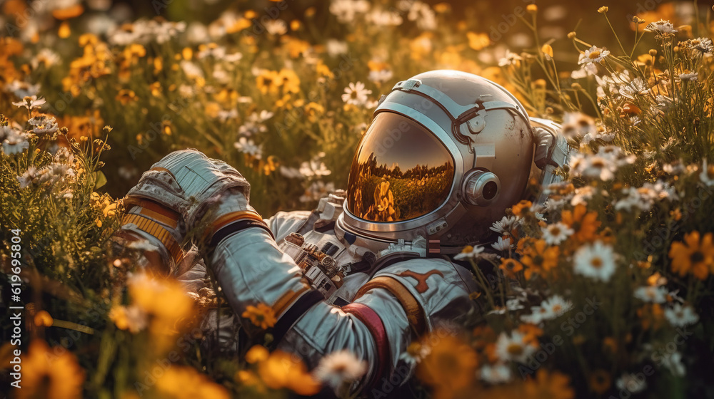 Astronaut in flower field, generative ai Astronaut in flower field, generative ai