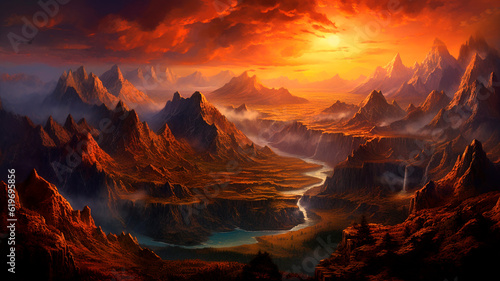 Majestic mountain range, with the sun setting behind a fiery canyon sunset. Generative AI © Aghavni
