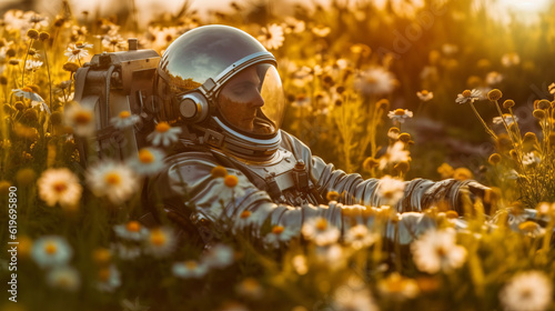 Astronaut in flower field, generative ai