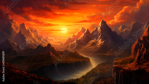 Majestic mountain range, with the sun setting behind a fiery canyon sunset. Generative AI © Aghavni