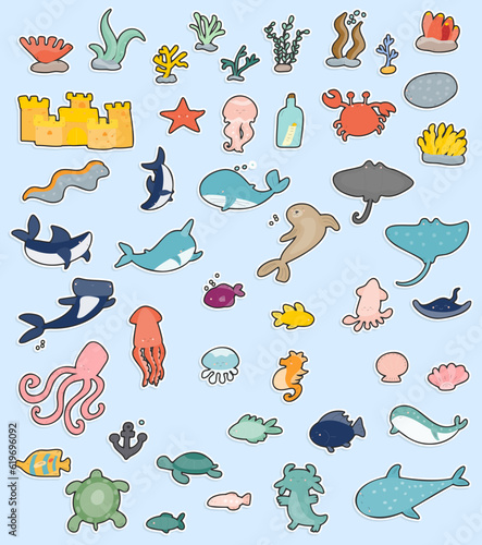 undersea life , animals, fishes, vector  stickers 
