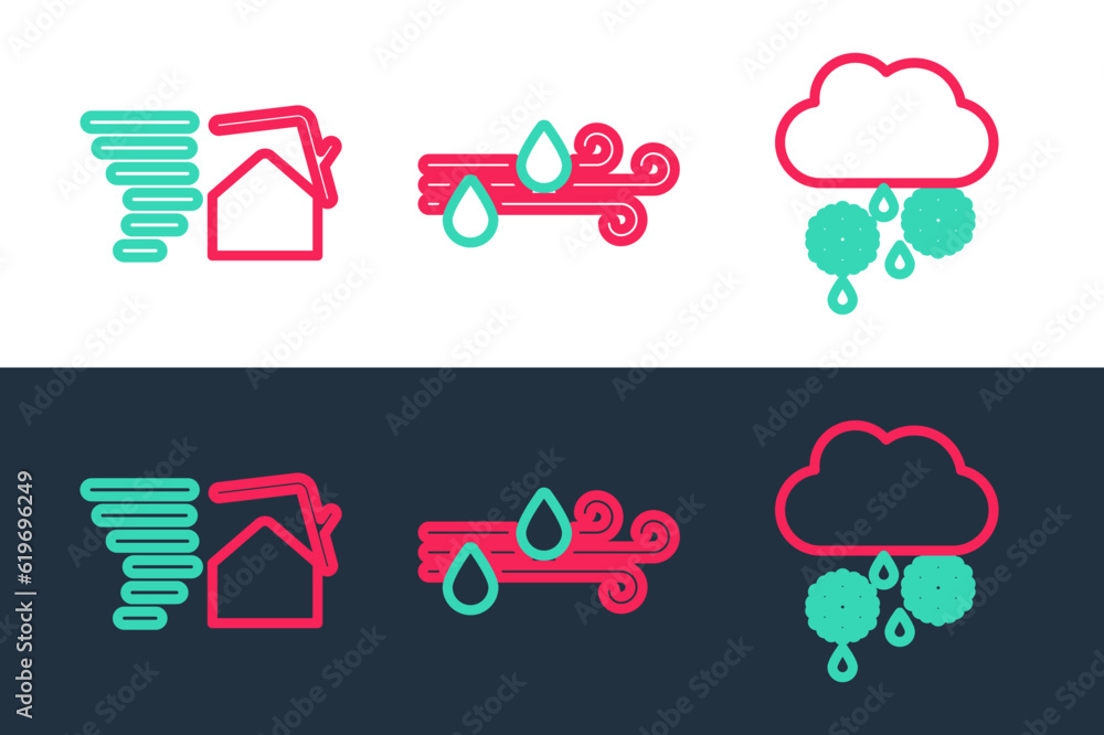 Obraz premium Set line Cloud with snow and rain, Tornado swirl and Wind icon. Vector