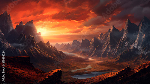 Majestic mountain range  with the sun setting behind a fiery canyon sunset. Generative AI
