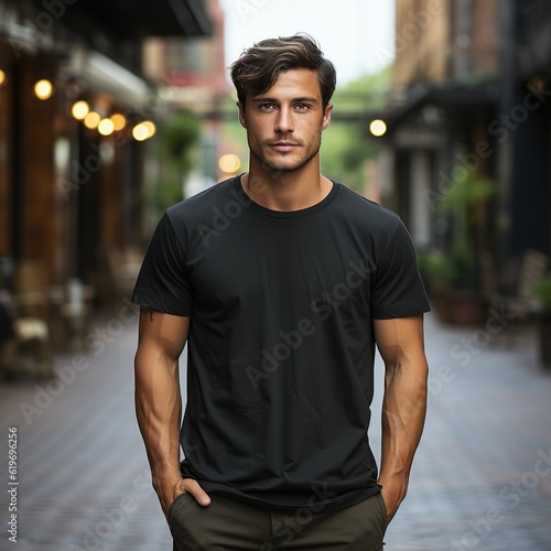 Illustration of a fashion portrait with plain t-shirt mockup ,  AI Generated