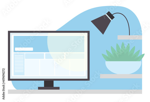 Flat style illustration of a monitor on a table, with website structure or prototype layout on the screen. lamp and green plant on shelves. Designer work desk concept. Web design, UI UX design concept