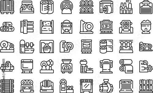 Equipment for paper production icons set outline vector. Factory roll. Wood process
