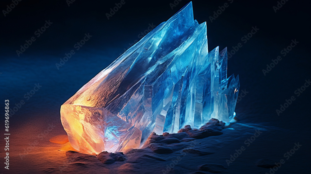Luminescent frozen ice in dark, generative ai