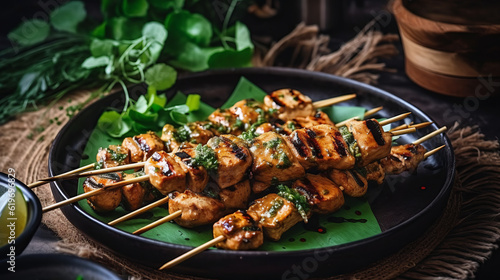 meat on the grill, chicken satay skewers topped with sauce, generative ai