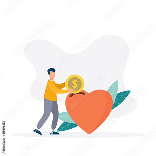 Guy puts a coin in his heart. The concept of charity, donation, financial aid, money donation. Vector illustration.