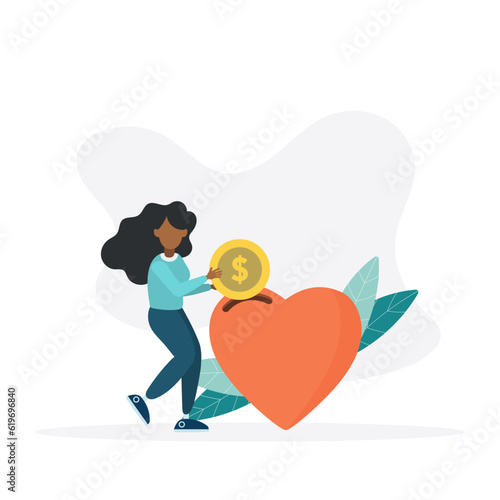 Woman puts a coin in her heart. The concept of charity, donation, financial aid, money donation. Vector illustration.