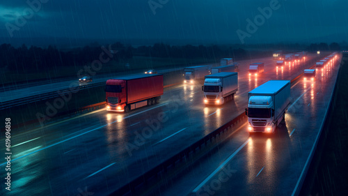 Modern trucks on the highway. Generative AI